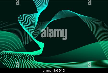 Dark abstract background vector with glowing wave. Shiny moving green color lines design element. Stock Vector