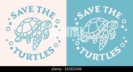 Save the turtles round badge logo sticker Oceans sea conservation shirt design activist world ocean day poster print retro vintage blue aesthetic. Stock Vector
