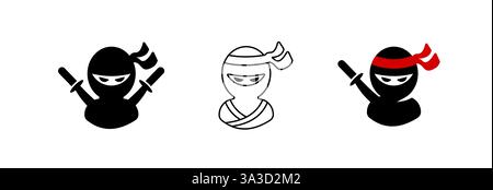 Three ninja illustrations with swords and headbands in minimalist art style Stock Vector