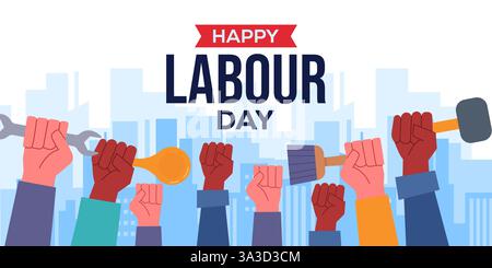 happy labour day horizontal banner illustration in flat style Stock Vector