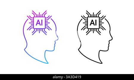 Minimalist design of human head with ai chip in profile view illustration Stock Vector