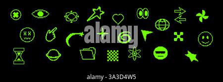 Pixel icons with retro green and abstract digital elements. Stock Vector