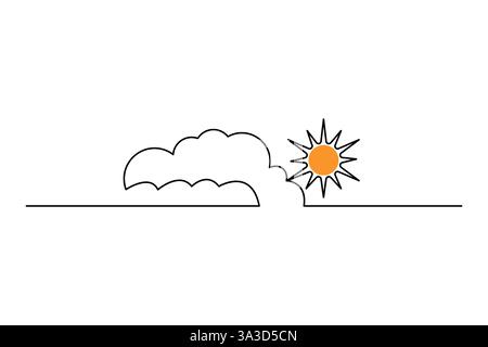 Cloud and sun continuous one line drawing of Isolated outline vector icon black white background Stock Vector