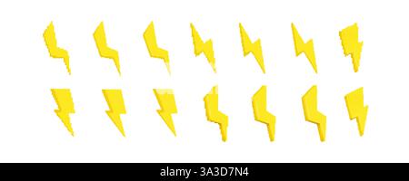 Set of yellow lightning bolt symbols in different positions and unique angles Stock Vector