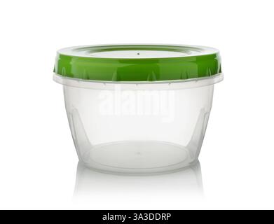 New closed plastic food container isolated on white. Stock Photo