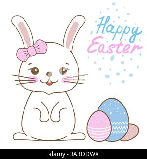 Cute easter bunny with bow and colorful eggs illustration Stock Vector