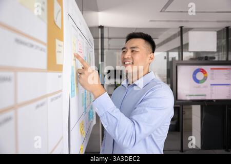 Positive young Asian businessman working on project at whiteboard Stock Photo