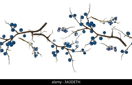 Tree branches with blue berries. Watercolor digital illustration. Thorny blackthorn, isolated on white background. Horizontal seamless pattern, textil Stock Photo