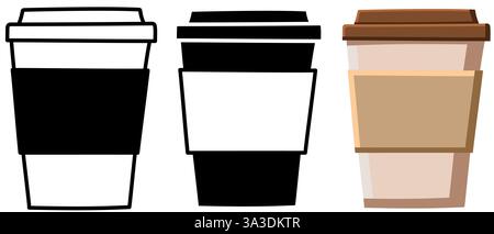 Cartoon Coffee Cup Design in Colour and Black and White, Take away or take out drinks cup Stock Vector