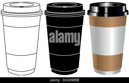 Realistic Coffee Cup Design in Colour and Black and White, Take away or take out drinks cup Stock Vector