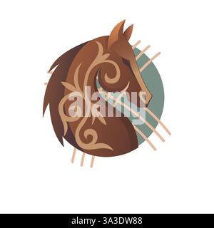 Kyrgyz ethnic horse illustration with intricate patterns and traditional swirls. Perfect for logos and cultural designs in a rustic, ornamental style. Stock Vector