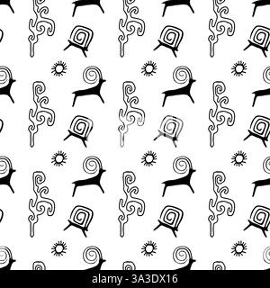 Seamless pattern with ancient Kyrgyz petroglyphs featuring rams, sun symbols, and tribal ornaments. Perfect for textiles, backgrounds, and designs. Stock Vector