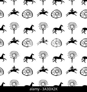 Seamless pattern with Kyrgyz petroglyphs featuring horses, riders, sun symbols, and tribal ornaments. Perfect for textiles, backgrounds, and designs. Stock Vector
