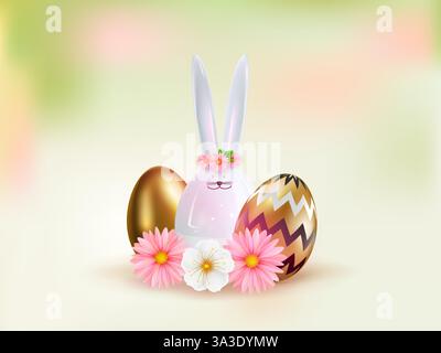 Easter poster with ceramic rabbit, flowers, golden eggs decorated with pattern. Easter greetings and gifts. Easter promotion and shopping template. Ve Stock Vector
