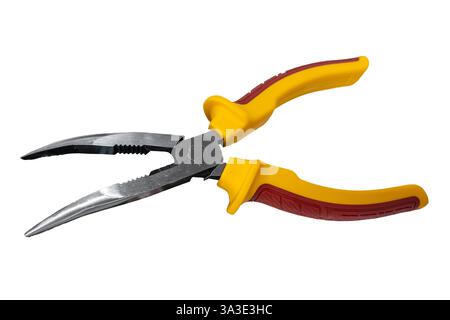 Curved long-nose pliers with red and yellow handles isolated on white with clipping path included Stock Photo