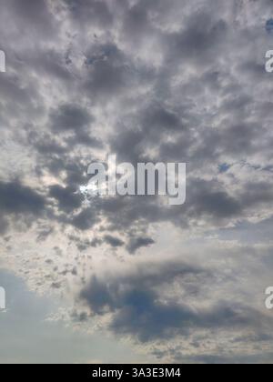 Storm dark clouds. Grey dramatic cloudy sky. Full frame. Copy space. Stock Photo