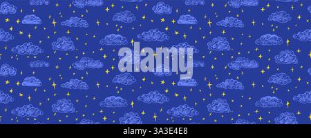 Chalk clouds seamless pattern. Midnight sky abstract background with magic stars. Weather symbols drawing with wax pencils. Kids bedroom cute Stock Vector