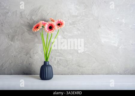 Pink gerbera flowers in a dark vase against a gray textured wall. Copy space. Stock Photo
