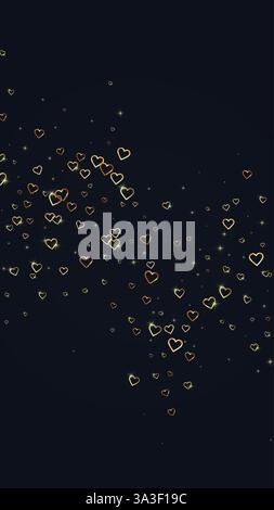 Valentine hearts, flying, falling down, floating. Gold hearts scattered on black background. Lovable valentine hearts vector illustration. Stock Vector