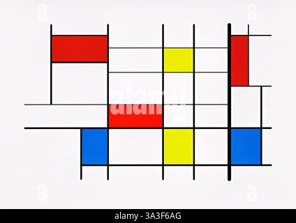 Abstract artwork in white with black lines and colored rectangles in blue, red, and yellow. Stock Photo