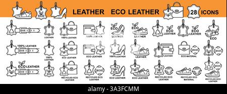 Leather natural eco artificial shoe clothing textile material. Animal skin imitation cloth. Fashion woman man footwear, bag, belt, purse line icon set Stock Vector