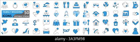 Family Wedding icons set. Vector wedding symbols and signs on white background. Set icons about wedding party. editable stroke. Stock Vector