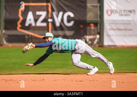 Seattle Mariners second baseman Cole Young throws to first base to put ...