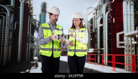 Safety inspectors using tablet computer during inspection of industrial factory.   Engineer and technician collaborating on power plant Stock Photo