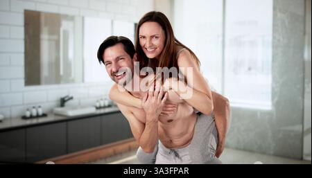 Bathroom Moment: A Couple Laughing and Having Fun Together Stock Photo