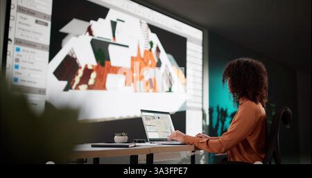 Architect Using 3D Software Analyzing House Floor Plan For Renovation. Stock Photo