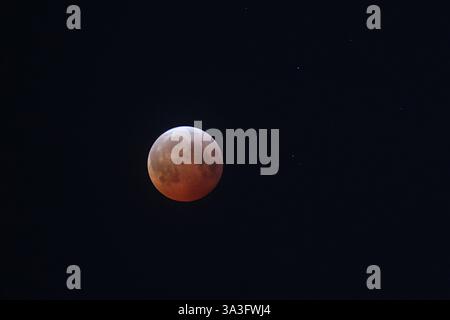 Toronto, Canada.14th March 2025. A blood moon lights up the sky during the total lunar eclipse on March 14, 2025 in Toronto, Canada. Credit: Yu Ruidong/China News Service/Ģ����ý Live News Stock Photo