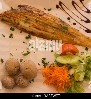 Fried plaice with canarian potatoes and vegetable salad on a plate Stock Photo