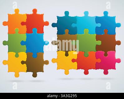 Parts of colorful puzzles. Set of 9, 6 vector pieces Stock Vector