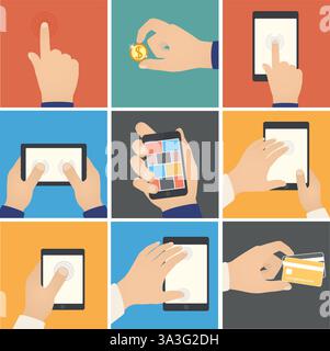 Business hands action, pointers to touch digital devices, e-commerce. Internet shopping on digital tablet, business concept Stock Vector