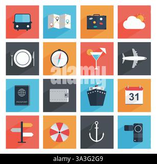 Flat travel icons with long shadow, tourism and vacation. Stock Vector