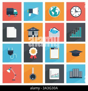 Flat  business and office icons with long shadow,  SEO website, web and mobile apps Stock Vector