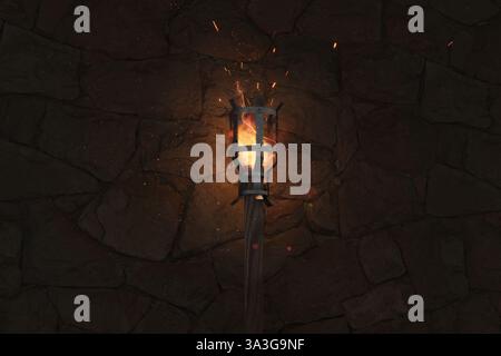 3d Rendering of medieval torch on fire Stock Photo