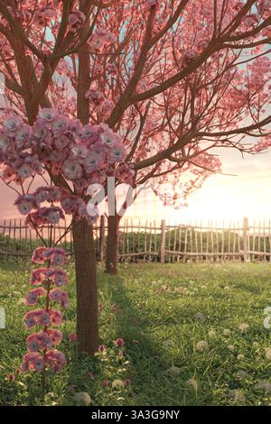 3D rendering of beautiful flower meadow surrounded by japanese cherry trees in the evening sunlight Stock Photo