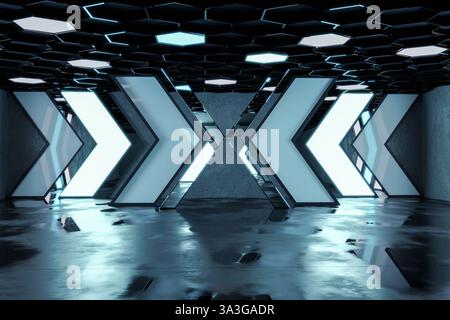 3D rendering of epic hall with neon direction elements and hexagonal ceiling Stock Photo
