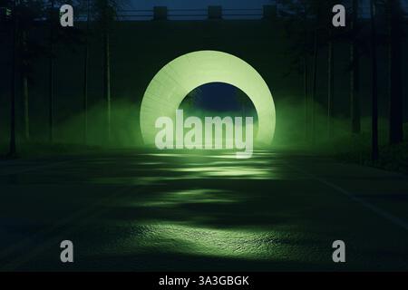 3D rendering of abstract tunnel covered by green smoke Stock Photo