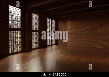 3d rendering of empty studio loft with red grunge bricks walls Stock Photo