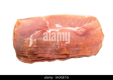 Jamon serrano. A Spanish ham isolated on white background. Traditional spanish jamon sliced. Dry cured meat ham. Hamon iberico Stock Photo