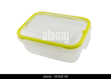 Empty transparent plastic food container isolated on white background.  Plastic transparent container with lid. Stock Photo