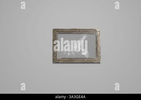 Vintage picture frame with broken glass plate in front of grey background. 3D Rendering Stock Photo