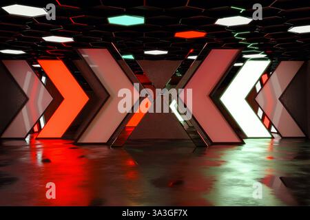 3D rendering of epic hall with neon direction elements and hexagonal ceiling Stock Photo