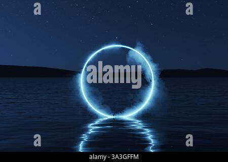 glowing glow circle, covered in steam smoke over blue sea and against evening sky. 3D rendering Stock Photo