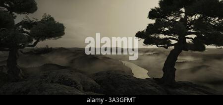 panoramic view to the lake in the morning mist. 3D Rendering Stock Photo