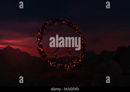 Dystopian landscape with built big red glow rings. 3D Rendering Stock Photo