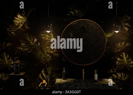 Elegant bathroom with oval mirror and hanging lamps. 3D Rendering Stock Photo