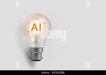 Light Bulb with Chip and Text "AI" on a white Background Stock Photo